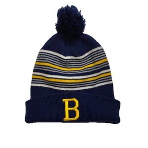 Navy Blue Striped Knit Pom Beanie Hat Yellow B Initial Letterman Cuffed Winter